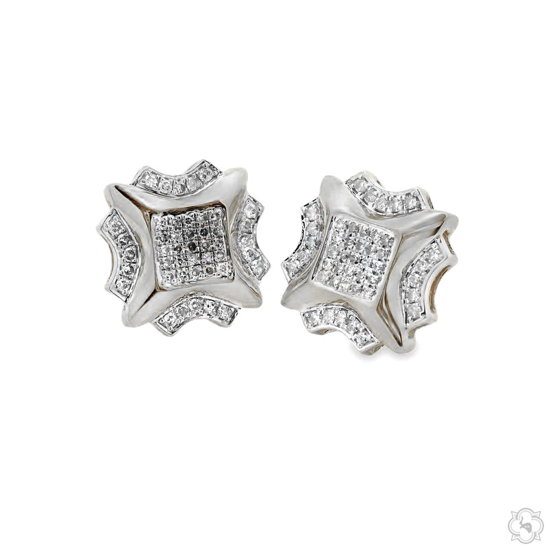 White 10K gold men's diamond cluster earrings with prong-set round cut stones.