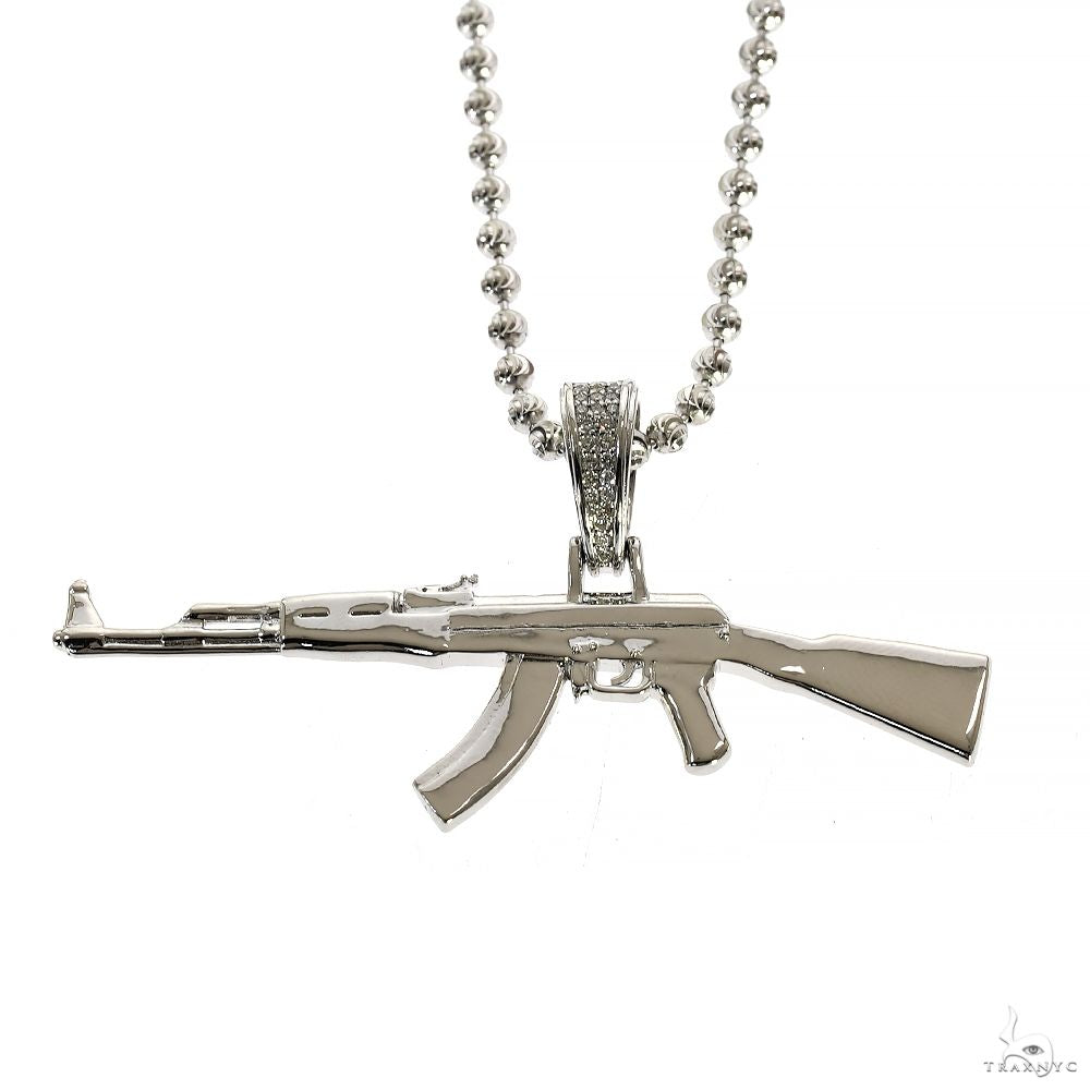 925 Silver Ak 47 Pendant Moon Cut Chain Set 70058 | TraxNYC
