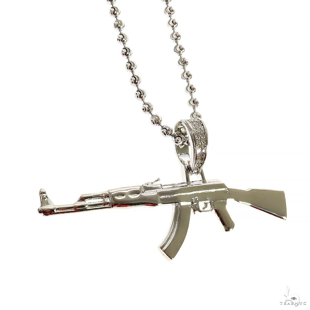 925 Silver Ak 47 Pendant Moon Cut Chain Set 70058 | TraxNYC
