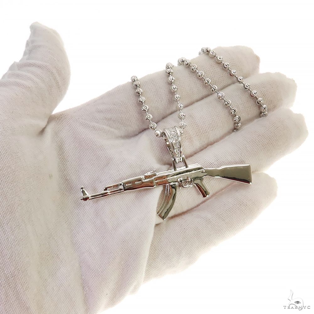 925 Silver Ak 47 Pendant Moon Cut Chain Set 70058 | TraxNYC