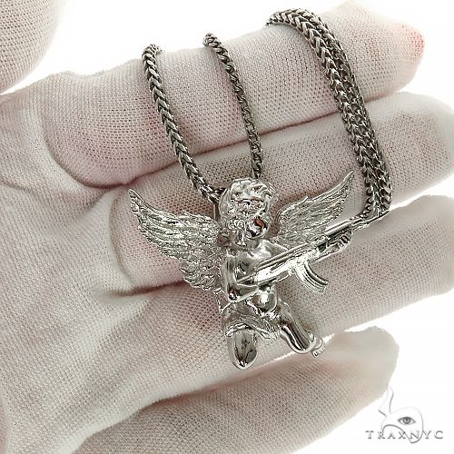 925 Silver Baby Angel With Ak Gun Pendant Set 69800 – TraxNYC