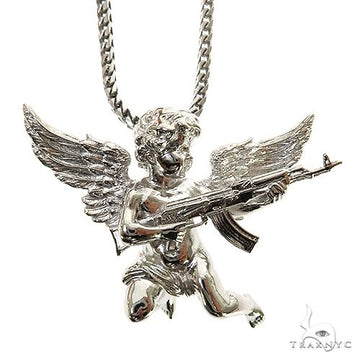 925 silver baby angel pendant holding AK-47 gun on a chain necklace.