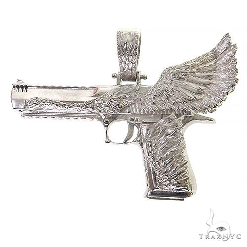 Small .925 silver Desert Eagle gun pendant with detailed feather wing design and textured grip