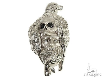 Sterling silver crow skull face pendant with black diamond prong settings, front-facing angle