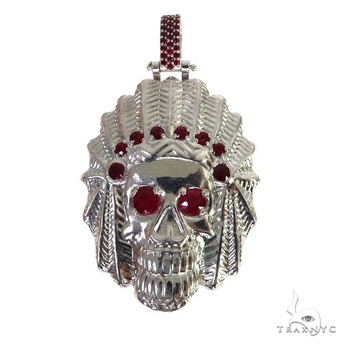 925 silver skull pendant with ruby eyes and ruby-adorned Native American headdress