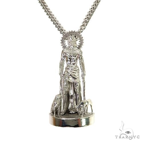 925 silver St. Lazarus Cuban chain and pendant set — sterling Cuban links with saint medallion, front view