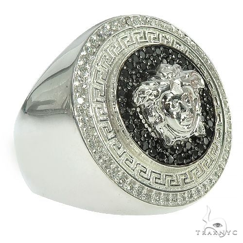 925 silver men's ring with Medusa head, black and white diamond accents, bold design