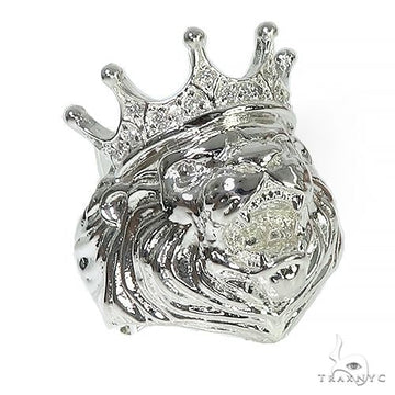 925 silver lion head ring with crown and diamond accents, bold men's pinky ring design.