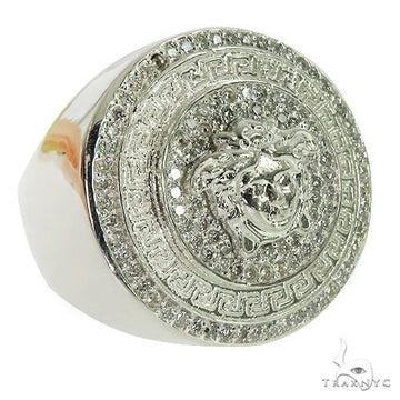 925 silver men's Medusa ring with diamond accents and detailed embossed design.