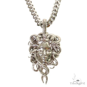 925 silver Medusa pendant with detailed snake hair on silver chain necklace.