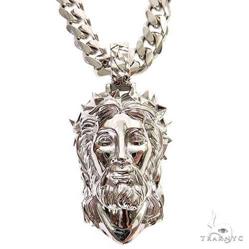 925 silver pendant of Jesus head with spiked crown on thick curb chain necklace