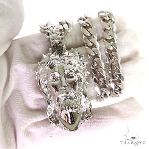.925 Silver Spikes Crown Jesus Head Pendant [Cuban Set], photo 9 of 9