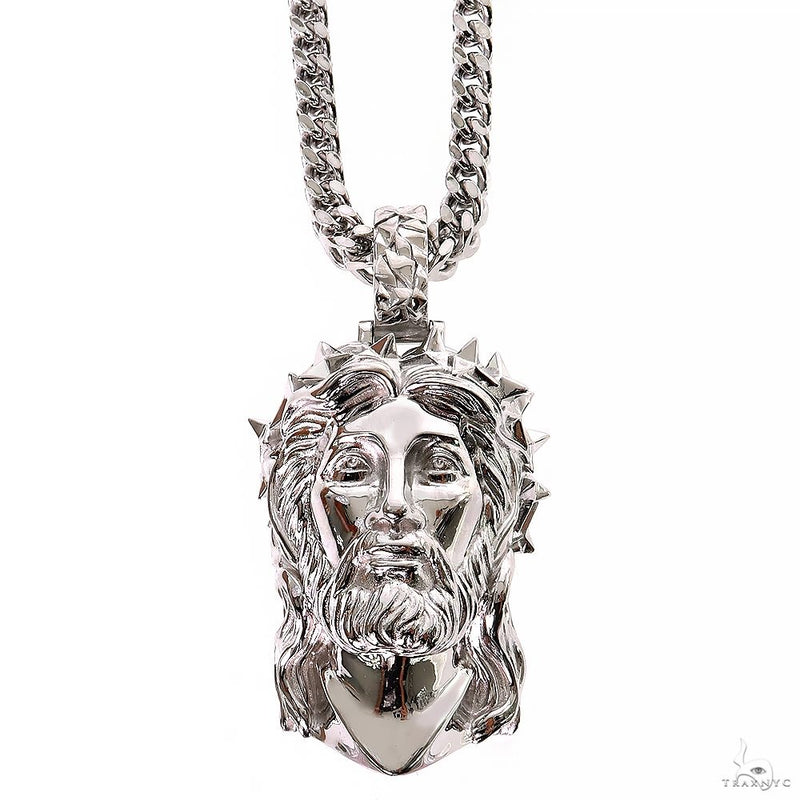 .925 Silver Spikes Crown Jesus Head Pendant Set 70033 - Image 1