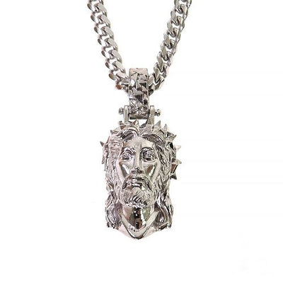 Mini .925 Silver Small Spikes Crown Jesus Head Pendant [Cuban Set]