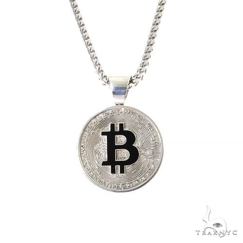 925 silver spinning Bitcoin pendant with Franco chain set – rotating coin face, front angle