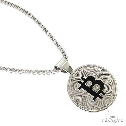 925 silver spinning Bitcoin pendant with black logo on Franco chain necklace