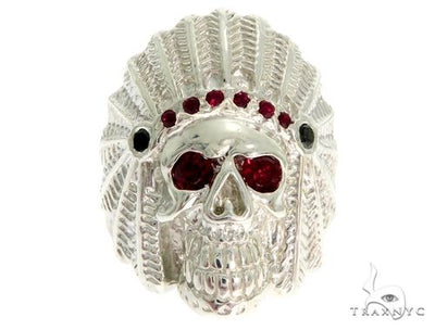 .925 Sterling Silver Black Diamond Indian Skull Ring With Red Ruby Stones 61446 - Image 1