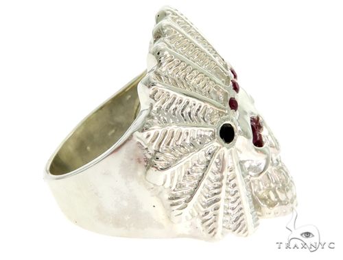 .925 Sterling Silver Black Diamond Indian Skull Ring With Red Ruby Stones 61446 - Image 3