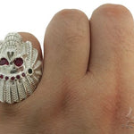 .925 Sterling Silver Black Diamond Indian Skull Ring With Red Ruby Stones 61446 - Image 6
