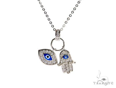 .925 Sterling Silver Hamsa Hand Evil Eye Charm 18'' inches Re-sizable Cable Link Chain Set