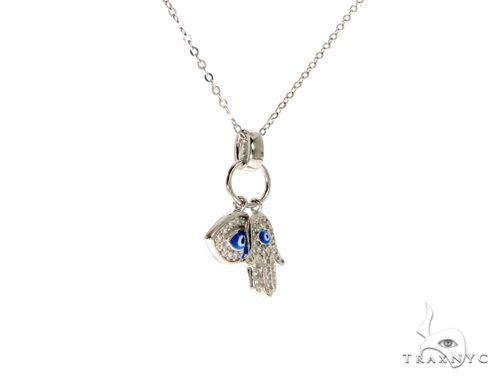 .925 Sterling Silver Hamsa Hand Evil Eye Charm 18'' inches Re-sizable Cable Link Chain Set, photo 2 of 6