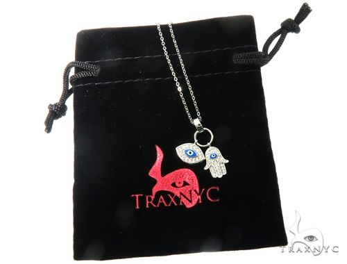 .925 Sterling Silver Hamsa Hand Evil Eye Charm 18'' inches Re-sizable Cable Link Chain Set, photo 6 of 6