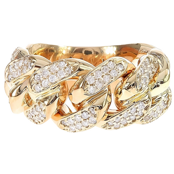 14k yellow gold 12mm Miami Cuban ring with two rows of prong-set round diamonds, top-down view