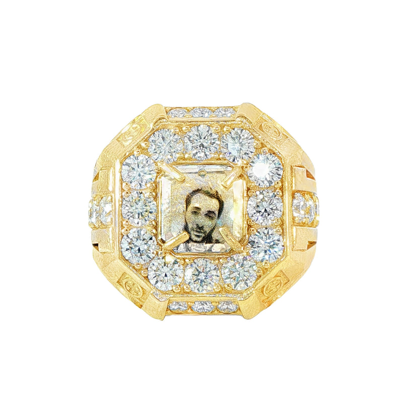 Gold men's ring with diamond halo and central custom photo engraving.