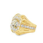 Gold men's ring with diamond halo and central custom photo engraving.