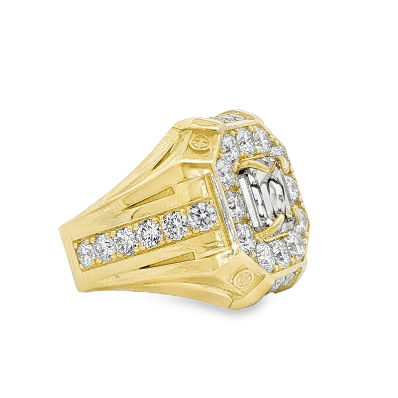 Gold men's ring with diamond halo and central custom photo engraving.