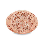 Yellow gold men's signet ring with intricate royal filigree floral design.