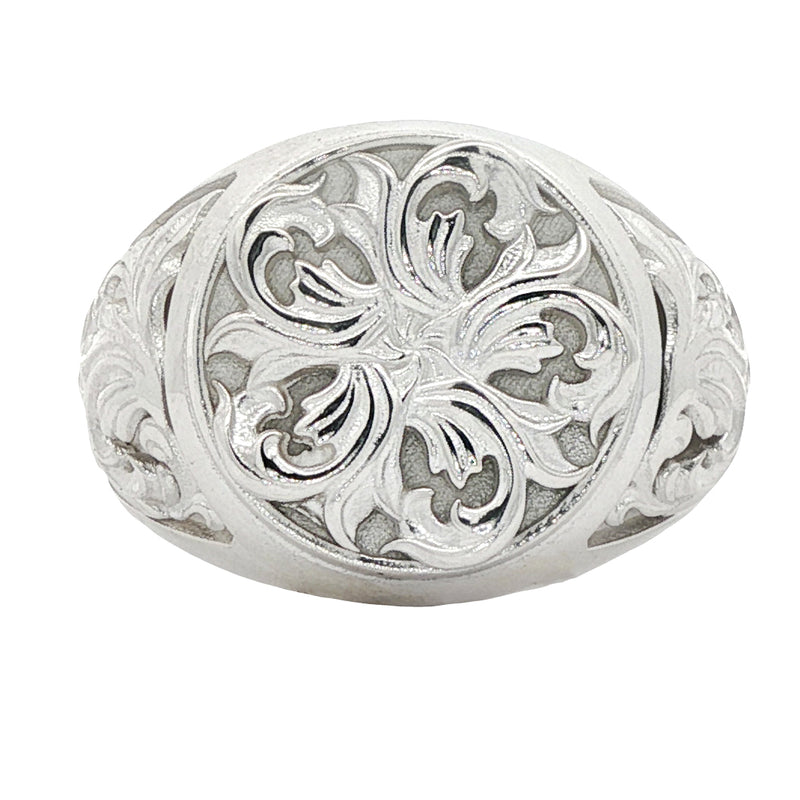 Yellow gold men's signet ring with intricate royal filigree floral design.