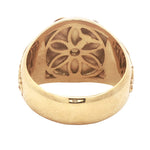 Yellow gold men's signet ring with intricate royal filigree floral design.