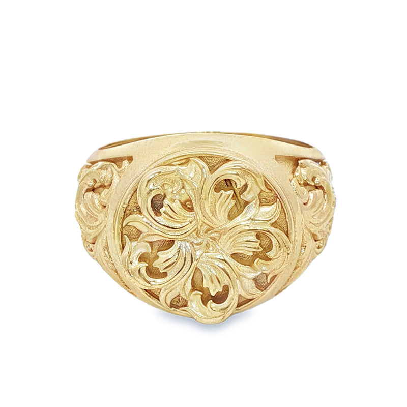 Yellow gold men's signet ring with intricate royal filigree floral design.