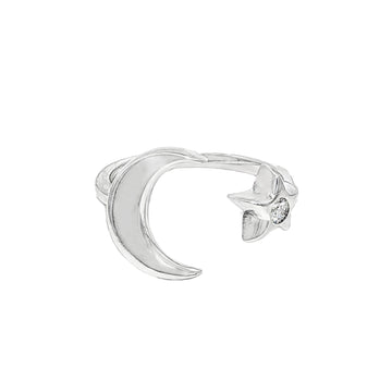 Sterling silver adjustable ring with crescent moon and small star detail.
