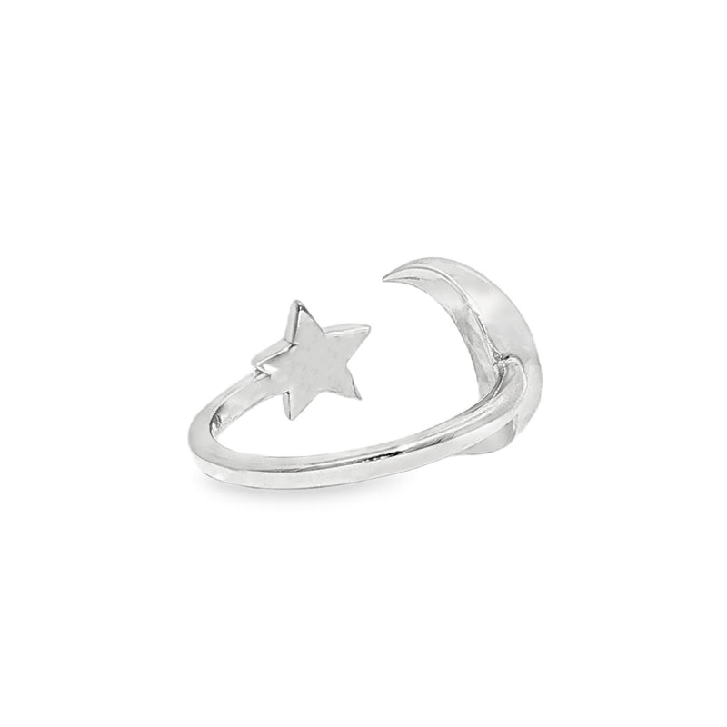 Sterling silver adjustable ring with crescent moon and small star detail.