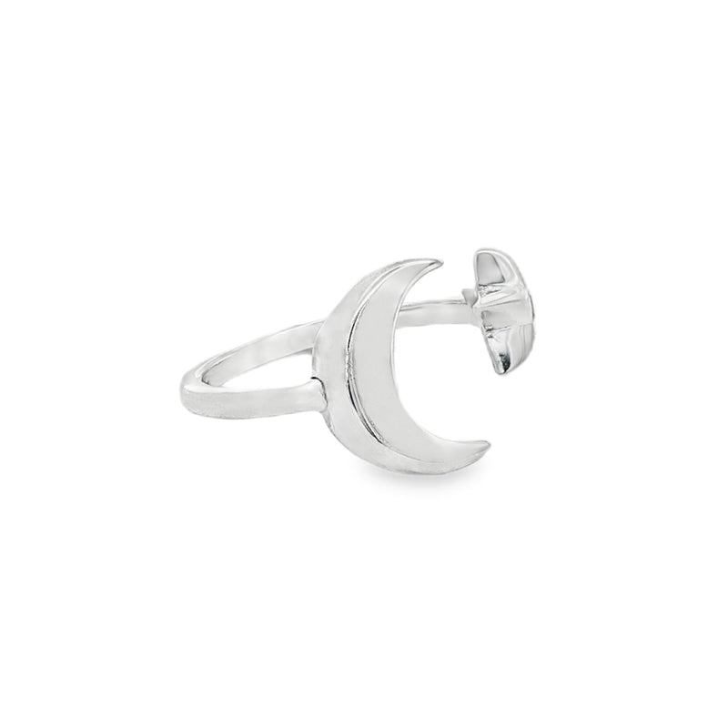 Sterling silver adjustable ring with crescent moon and small star detail.