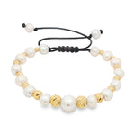 Unisex pearl bead bracelet with gold accents and adjustable black cord closure.