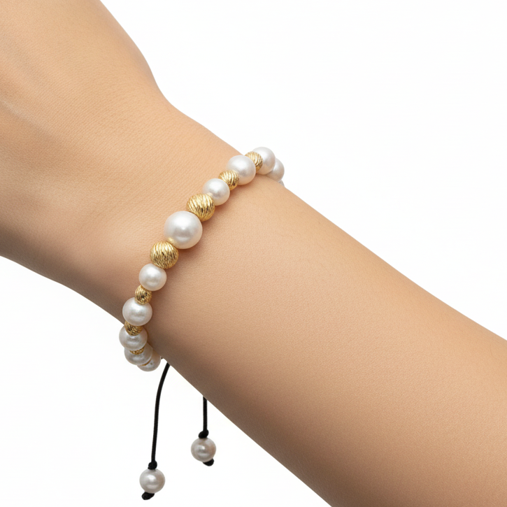Unisex pearl bead bracelet with gold accents and adjustable black cord closure.