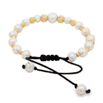 Unisex pearl bead bracelet with gold accents and adjustable black cord closure.