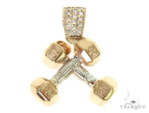 14K two-tone gold dumbbell barbell pendant with diamond accents, front view showing yellow and white gold contrast