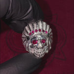 .925 Sterling Silver Black Diamond Indian Skull Ring With Red Ruby Stones 61446