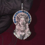 Sapphire Halo Silver Jesus Pendant 70743