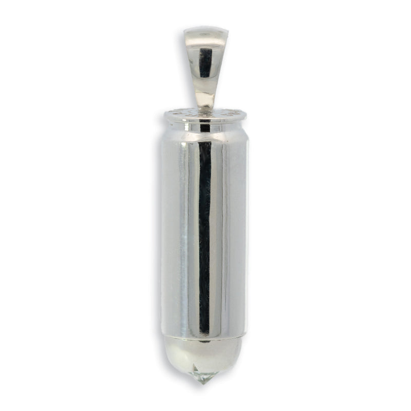Silver bullet pendant with diamond tip and polished finish, men's stylish jewelry accessory.