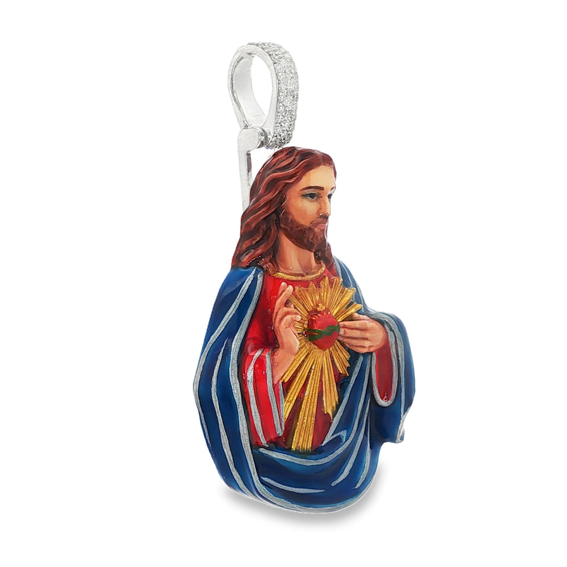 Silver enamel pendant of Jesus with Sacred Heart in red, gold rays, and blue robe.