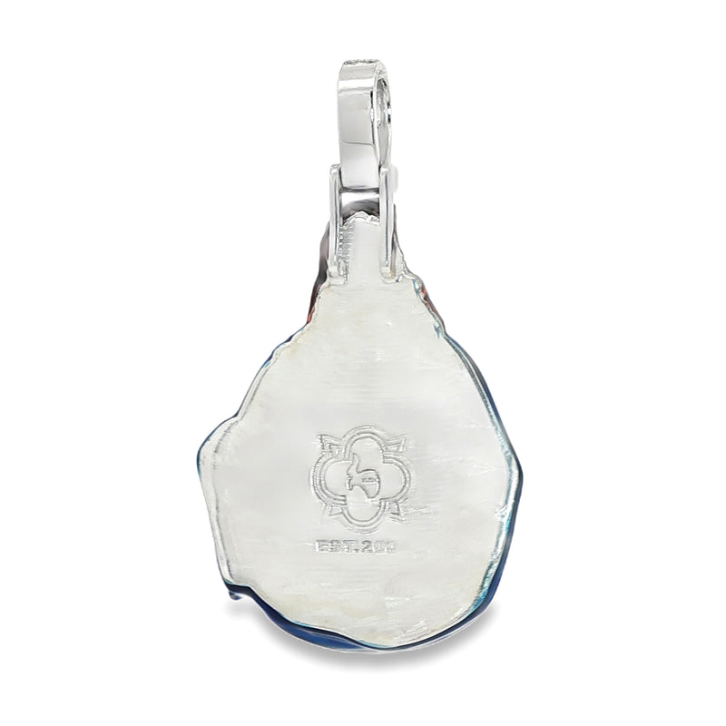 Silver Sacred Heart Jesus pendant back with engraved marking and smooth enamel finish.
