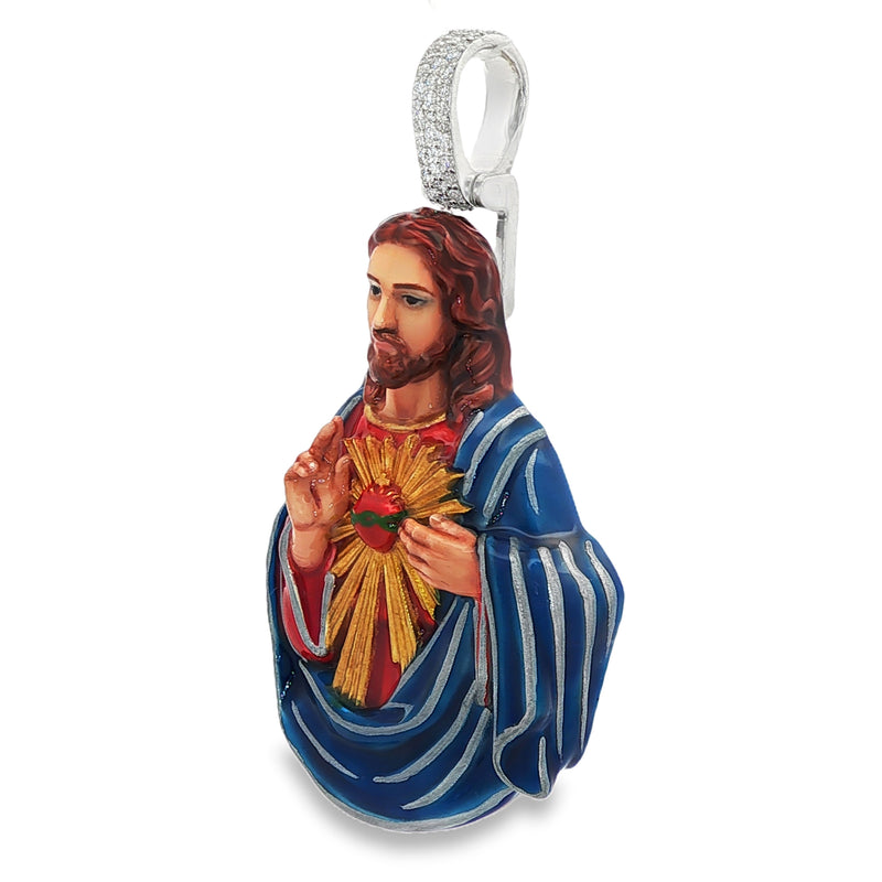 Silver enamel pendant featuring Sacred Heart Jesus in blue robe with red and gold details.