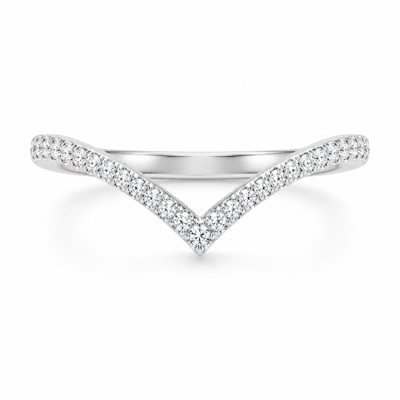 14k white gold chevron wedding band with pave diamonds