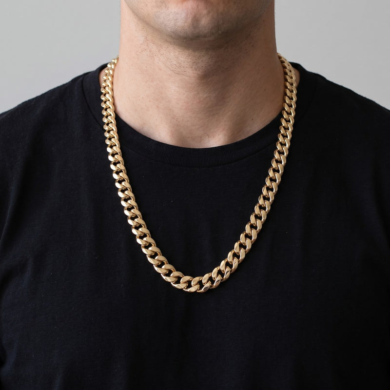 Worn look: 14K Gold miami cuban chain, 9.5 mm, made by AI from this chain's own photos, not a measured fit