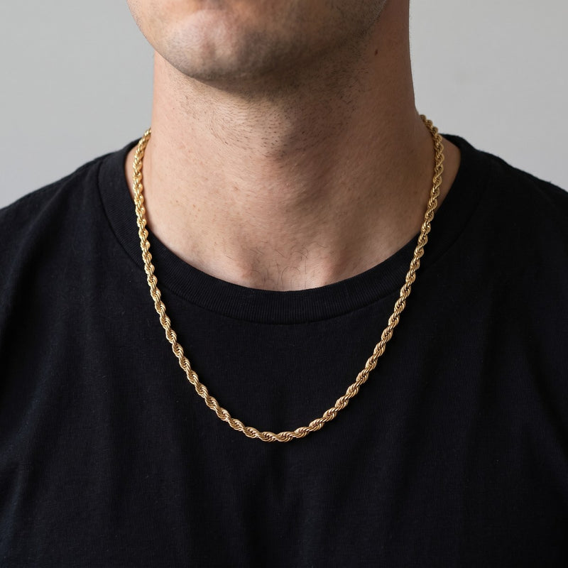 Worn look: 10K Gold rope chain, 3.5mm, made by AI from this chain's own photos, not a measured fit